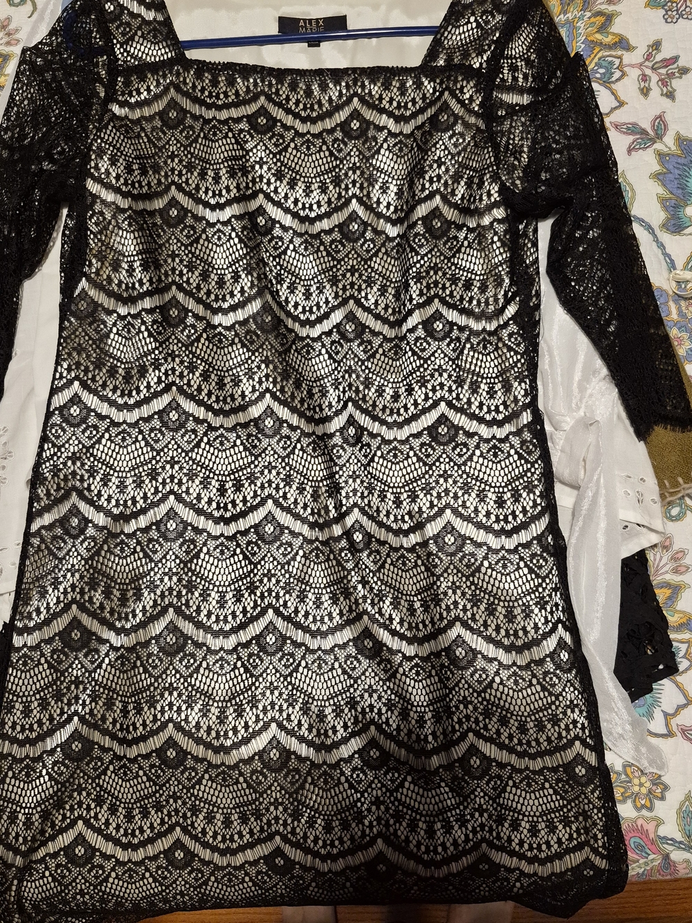 Alex Marie Black Lace Long-Sleeve Overlay Dress with Ivory Lining